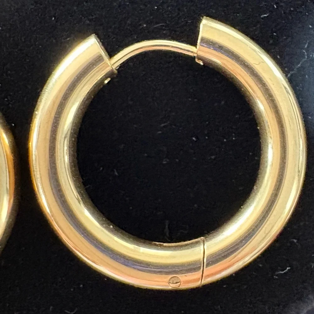Gold hoop earrings; 18k PVD; hypoallergenic; waterproof and tarnish proof!